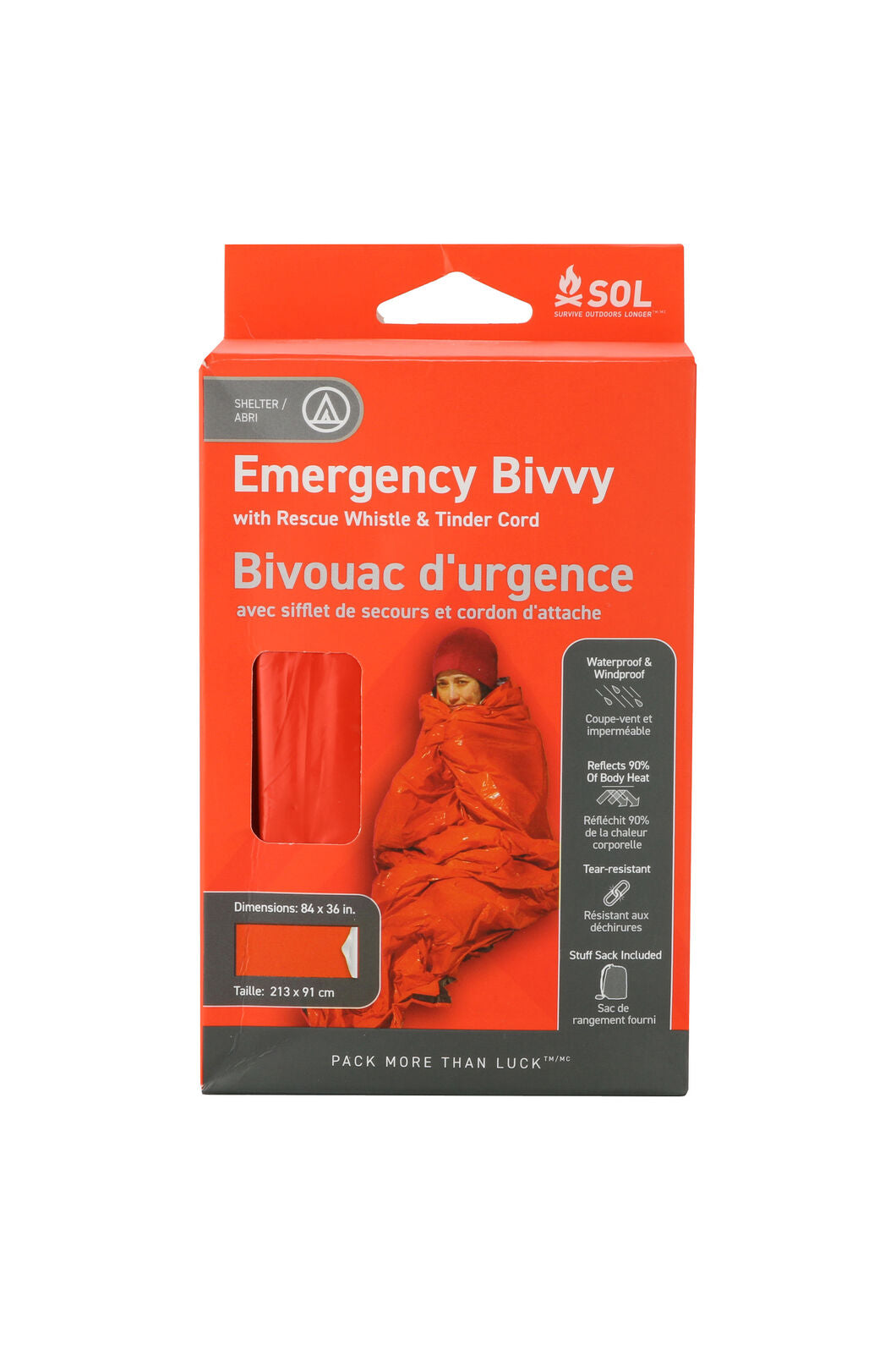 SURVIVE OUTDOORS LONGER EMERGENCY BIVVY BAG WITH RESCUE WHISTLE AND TINDER CORD