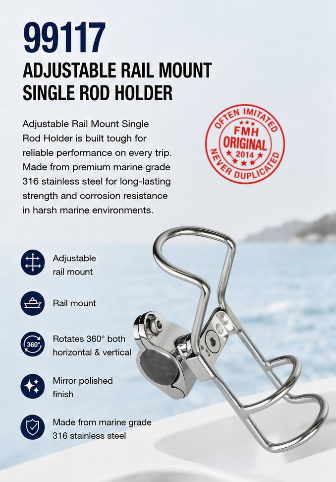 FRANK MARINE STAINLESS STEEL 316 ADJUSTABLE SINGLE RAIL MOUNT ROD HOLDER