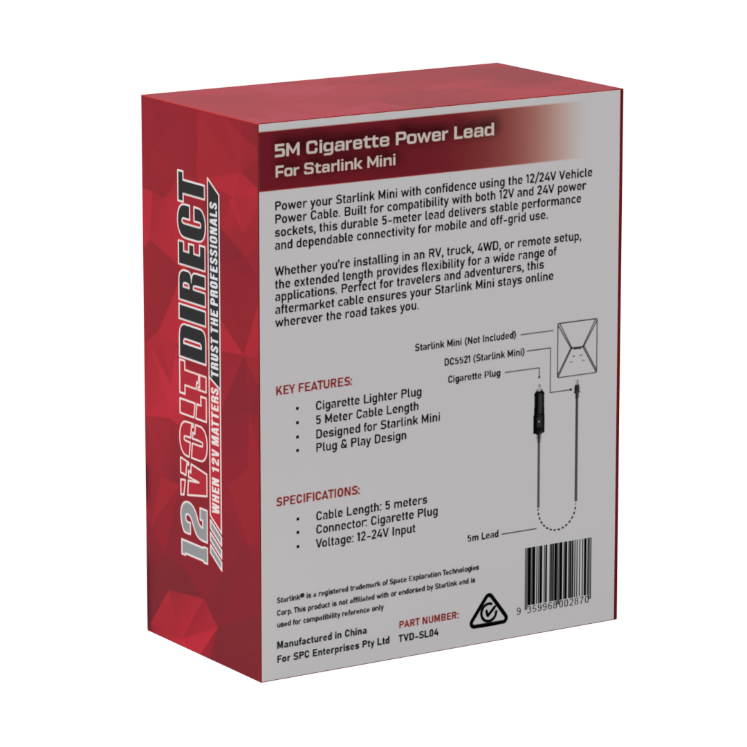 STARLINK MINI 12 / 24V CIGARETTE POWER LEAD- 5 METERS