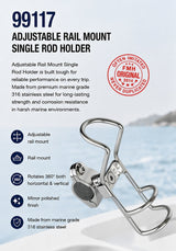 FRANK MARINE STAINLESS STEEL 316 ADJUSTABLE SINGLE RAIL MOUNT ROD HOLDER