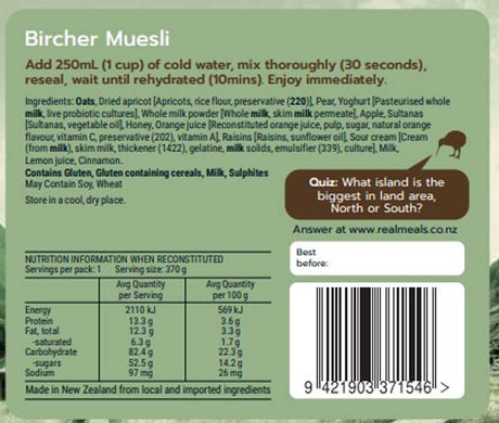 REAL MEALS BIRCHER MUSESLI 120G FREEZE DRY MEAL
