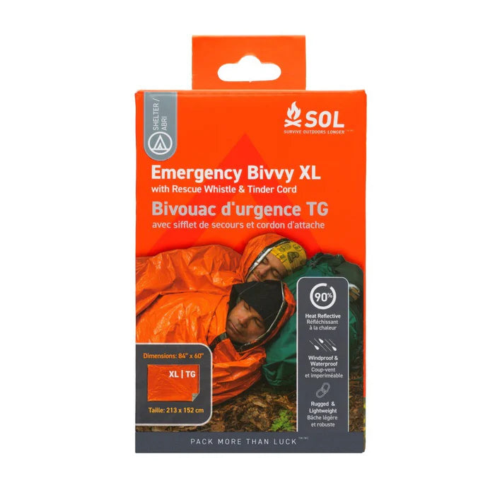 SURVIVE OUTDOORS LONGER EMERGENCY BIVVY BAG WITH RESCUE WHISTLE AND TINDER CORD