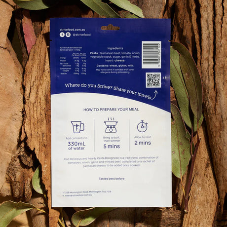 STRIVE FOOD PASTA BOLOGNESE DEHYDRATED MEAL SINGLE SERVE